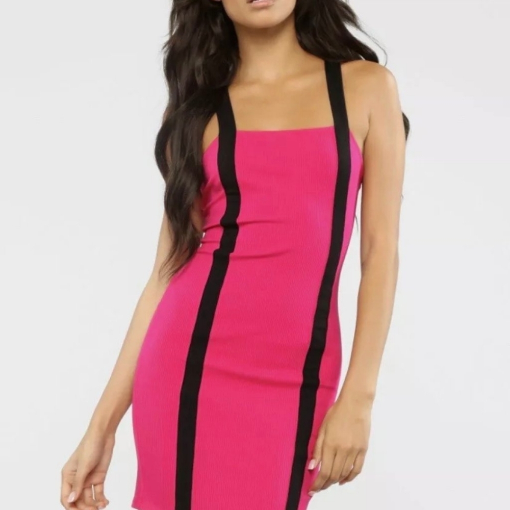 Fashion Nova Women's Small Fuchsia & Black Mini Dress Back Tie CrissCross Straps
